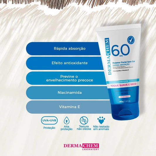 Protetor Solar Facial FPS 60 sem cor 40g - Dermachem